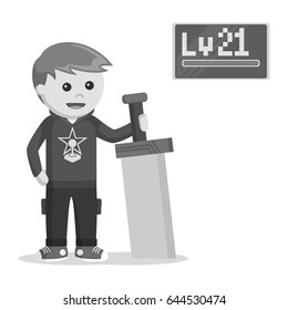 level 21 rpg gamer holding giant sword black and white style