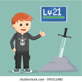 level 21 rpg gamer standing beside legendary sword