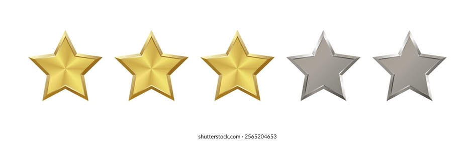 Level 3 out of 5 shiny realistic gold, silver star with metallic effect. Five elements for medal, award, product rating, hotels status. Customer feedback, review. Isolated vector EPS10. Png	