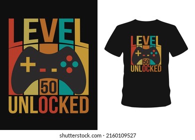 Level 50 unverschlossenes Gaming T-Shirt Design, Vektorgrafik, Element, Bekleidung, Vorlage, Typografie, Vintage, eps10, Gamer t Shirt.
