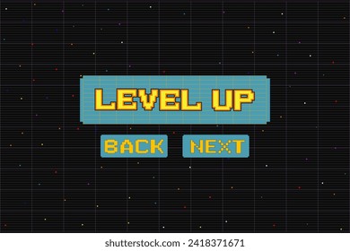 Level up 8 bit game, arcade pixel screen. Game level complete vector background with pixel stars.