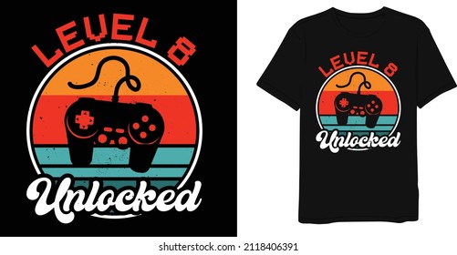 Diseño de camiseta de juego retro vintage de nivel 8 desbloqueado