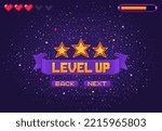 Level up 8bit game, arcade pixel screen. PC platform console victory menu mosaic display. Game level complete vector background with pixel stars, life hearts indicator, interface buttons