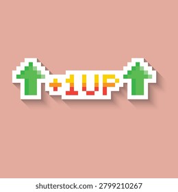 Level up achievement badge with pixel arrows and shadow 8 bit vector icon for computer game, logo