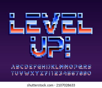 Level Up alphabet font. Pixel letters and numbers. 80s arcade video game typeface.