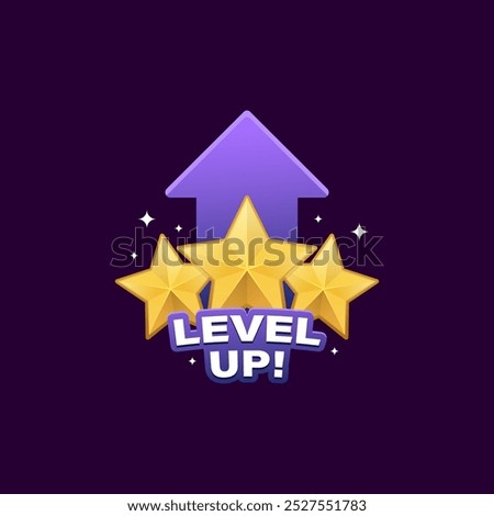Level up with arrow up and gold star isolated on dark background.  Design for logo, icon, game, business, achievement, level up, celebrating. Vector illustration.