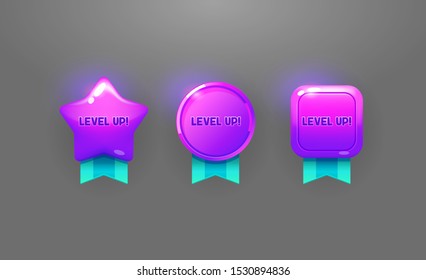 Level Up Award Medals With Ribbons 3d Design Elements. Game Level Successful Complete Isolated Cliparts Collection. Winner Prize Glowing Purple Badges Pack. Online Arcade Game Rewards For App UI
