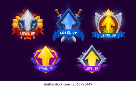 Level up award, reward badges game asset icons, vector UI. Cartoon shields with upward arrows, crossed swords and spears, heraldic ribbons, wreaths and glowing stars. Game level up awards or medals