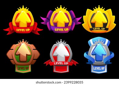 Level up awards. UI game badge icons. Medals set images for a 2D game.