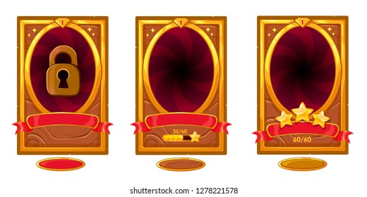 Level background card for mobile game ui design. Victory ribbon witch stars. Buttons set. Isolated on white background. Golden and red. 