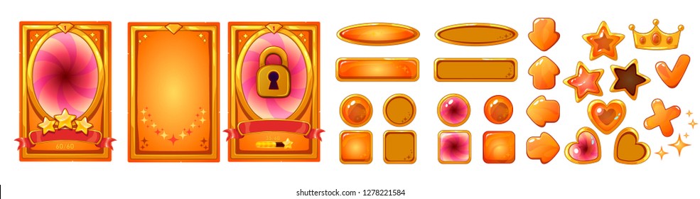 Level background card for mobile game ui design. Victory ribbon witch stars. Buttons set. Isolated on white background. Golden and orange colors.