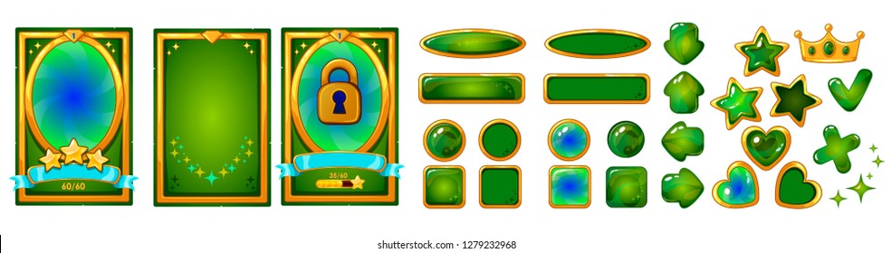 Level background card for mobile game ui design. Victory ribbon witch stars. Buttons set. Isolated on white background. Golden and green colors.