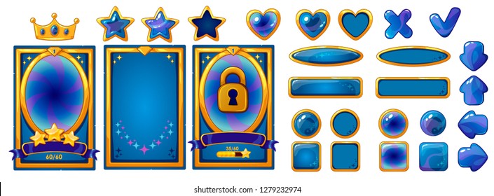 Level background card for mobile game ui design. Victory ribbon witch stars. Buttons set. Isolated on white background. Golden and blue colors.