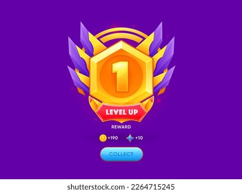 Level up banner. Gaming task complete prize, casino winner achievement golden symbol, gambling app interface level or rank up vector asset. Arcade videogame victory celebration GUI glossy sign