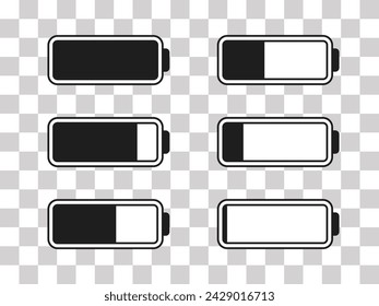 Level battery energy icon set. Powerfully full and power low up status batteries. Energy reusing concept. Alkaline tags. Battery charging point, charge indicator. Mobile plug. Vector illustration.