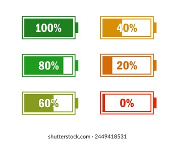 Icon-Set für Batterieenergie. Leistungsstark voll und stromsparend Status-Akkus. Konzept zur Wiederverwendung von Energie. Alkalische Etiketten. Akkuladepunkt, Abbuchung-Anzeige. Mobiler Stecker. Vektorillustration.