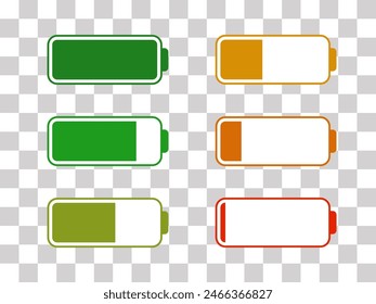 Level battery energy icon set. Powerfully full and power low up status batteries. Energy reusing concept. Alkaline tags. Battery charging point, charge indicator. Mobile plug. Vector illustration.