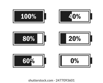 Conjunto de iconos de energía de batería de nivel. Baterías de Estado potentemente llenas y bajas. Concepto de reutilización de energía. Etiquetas alcalinas. Punto de carga de la batería, indicador de Recargo. Enchufe móvil. Ilustración vectorial.