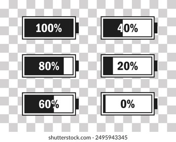 Level battery energy icon set. Powerfully full and power low up status batteries. Energy reusing concept. Alkaline tags. Battery charging point, charge indicator. Mobile plug. Vector illustration.