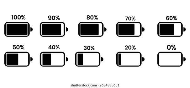 Level battery energy powerfully icon set. Battery Full charge indicator or low charge sign. Battery icon illustration vector set.