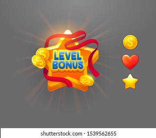Level bonus reward flat vector badge illustration. Online game UI isolated design element. Golden star with red ribbon, coins and heart icons on grey background. Achievement reward cartoon symbol