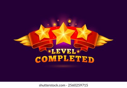 Level complete game asset icon, level up and win badge. Vector golden stars, wings and red banner. Casino bonus, rank reward, victory, success achievement award trophy, mobile app winner surprise gift