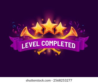 Level complete game asset icon, level up badge with golden stars, confetti, purple banner and fanfare trumpets. Gui popup screen, mobile app or game menu interface element celebrates victory success