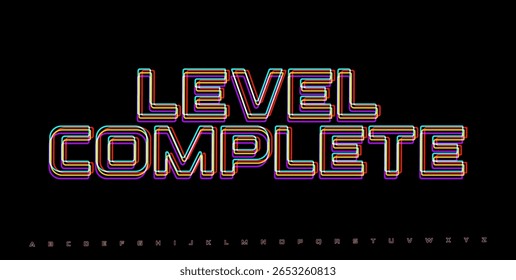 PALAVRA RGB com falha LEVEL COMPLETE. Banner estilo arcade Cyberpunk para interface de jogo, tela de sucesso ou design de pixel art. Ilustração vetorial.