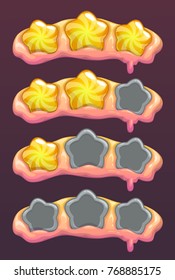 Level complete header with stars. Vector gui assets set. Game over screen.
