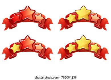 level complete templates, stars rank on red ribbon, assets for games design, Cartoon game rating icons. Ranking elements. GUI elements for animation