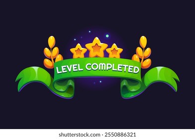 Activo, insignia o icono de juego de nivel completado. Vector GUI interfaz elemento de recompensa emergente con estrellas de oro, ramas de laurel y Anuncio verde. Bonificación de premio para el App Video móvil, o premio de éxito de juego en línea