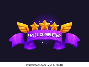 Level completed game asset icon or badge featuring three golden stars, wings and purple ribbon. Vector video game achievements, app icon or digital rewards, conveying accomplishment and progression