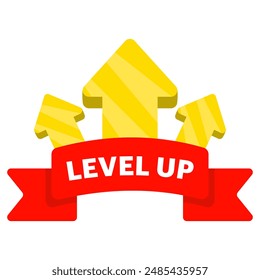 Level-up-Konzept, helle und kühne Vektorgrafik-Abzeichen mit dem Wort Level-up über Sterne, ideal für die Darstellung von Leistungen, Fortschritt oder Auszeichnungen in Spielen und App, flache Vektorillustration.