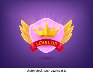 Level up concept. Rating badge 3d vector illustration with golden shield, ribbon and royal crown