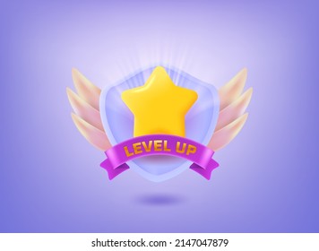 Level Up Concept. Rating Badge 3d Vector Illustration With Golden Star, Ribbon And Shield