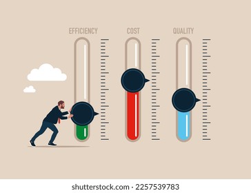 Level control и business cost optimization with a man adjust level for cost, efficiency and quality. Modern vector illustration in flat style.