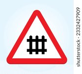 Level crossing with barrier ahead or gate ahead sign. Spanish Warning sign P7