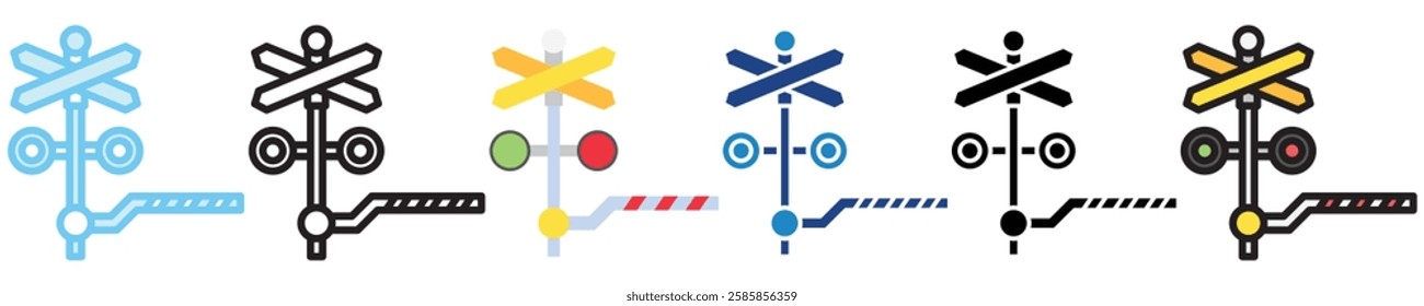 Level Crossing multi style, mini illustration icon. outline, flat, glyph, line color, UI, UX kit, app, web development, digital or print. For construction, transportation, traffic management.