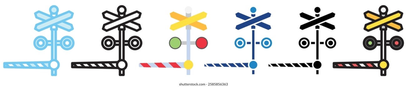 Level Crossing multi style, mini illustration icon. outline, flat, glyph, line color, UI, UX kit, app, web development, digital or print. For construction, transportation, traffic management.