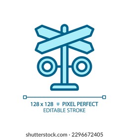 Level crossing pixel perfect blue RGB color icon. Rail safety. Warning device. Railway track. Railroad barrier. Isolated vector illustration. Simple filled line drawing. Editable stroke