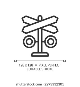 Icono lineal perfecto para cruzar píxeles de nivel. Seguridad ferroviaria. Dispositivo de advertencia. Vía ferroviaria. Barrera ferroviaria. Ilustración de línea delgada. Símbolo de contorno. Dibujo del contorno del vector. Trazo editable