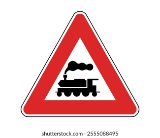 Level Crossing without Barriers Warning Sign Featuring Red Triangle and Black Steam Locomotive Icon, Indicating Potential Railway Hazards, Available as a Vector File