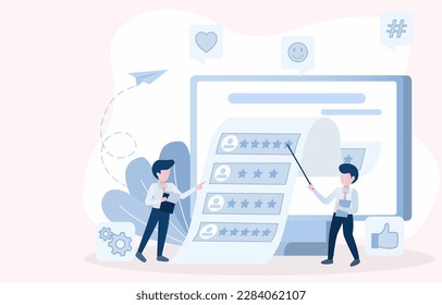 The level of customer satisfaction with the product or service. Professionals review and analyze customer reviews, ratings and comments to improve and increase customer loyalty. Vector illustration.