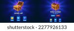 Level up and defeat mobile ui game vector background. Gui win screen banner with treasury chest interface. User fail text and button graphic design. Victory achievement trophy and lose element set.