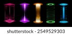 Level up effect. Portal blue futuristic neon glow technology, teleport beam power game stage with vortex. Vertical portal podium ring energy with blue rays. 3D tech vector isolated set.