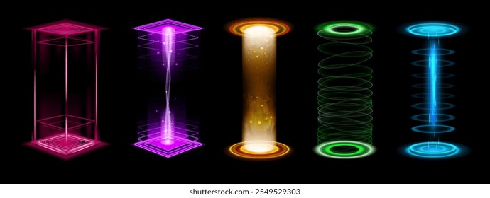 Efeito de nível para cima. Tecnologia de brilho neon futurista azul portal, teleport feixe de potência palco do jogo com vórtice. Energia do anel de pódio do púlpito vertical com raios azuis. Conjunto isolado de vetores tecnológicos 3D.