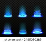 Level up effect. Realistic teleportation portal. Teleportation process game effect, futuristic lighting and bright wrap aura. Energy circles and rays on black background.