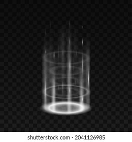 Level up effect. Realistic teleportation portal. Light aura and glowing hologram. White energy circles and rays on transparent background. Vector illustration