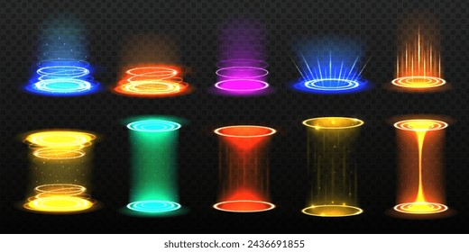 Level up effect. Realistic teleportation portal. Teleportation process game effect, futuristic lighting and bright wrap aura. Energy circles and rays on black background.