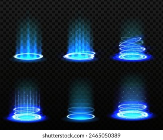 Level up effect. Realistic teleportation portal. Teleportation process game effect, futuristic lighting and bright wrap aura. Energy circles and rays on black background.